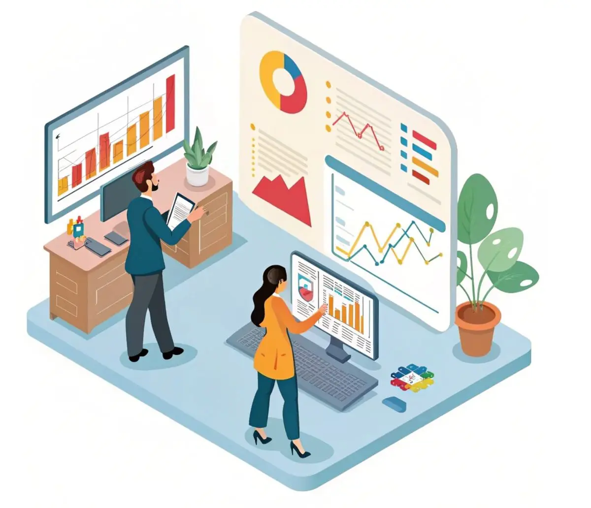 Analytics and reporting illustration showing data dashboards, charts, and performance tracking by a freelance digital marketer in Alappuzha.