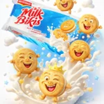 Creative biscuit advertisement poster featuring smiling animated Milk Bikis biscuits with milk splash effects, designed by a freelance digital marketer in Alappuzha for engaging food brand promotion and social media marketing.