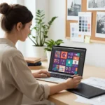 Freelance Digital Marketer in Alappuzha working on content formatting, creative visual alignment, graphic design layouts, and social media content organization on a laptop workspace.