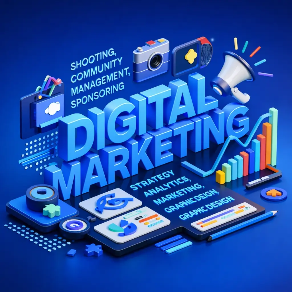 3D digital marketing illustration showcasing digital marketing strategy, analytics, graphic design, community management, and branding services by Freelance Digital Marketer in Alappuzha