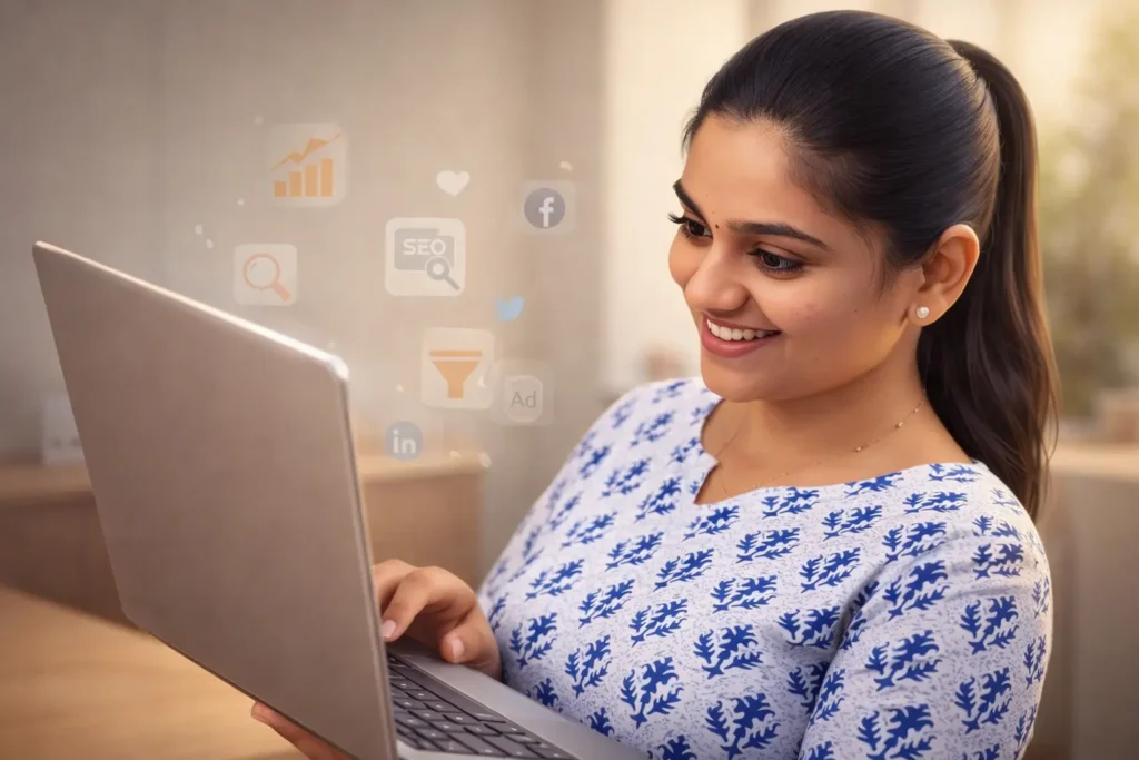 “Freelance digital marketer in Alappuzha working on SEO and social media marketing using a laptop.”