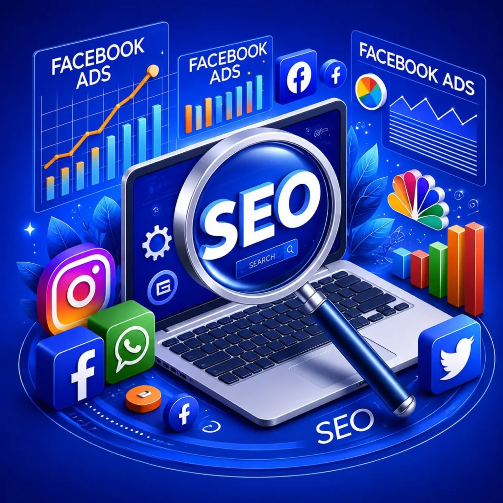 Royal blue SEO and digital marketing illustration featuring search engine optimization, social media marketing, Facebook ads, analytics charts, and branding elements by Kerala's Digital Marketer in Alappuzha