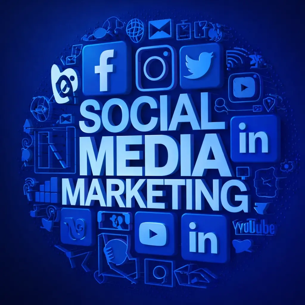 Social media marketing illustration with Facebook, Instagram, and YouTube icons managed by a freelance digital marketer in Alappuzha.