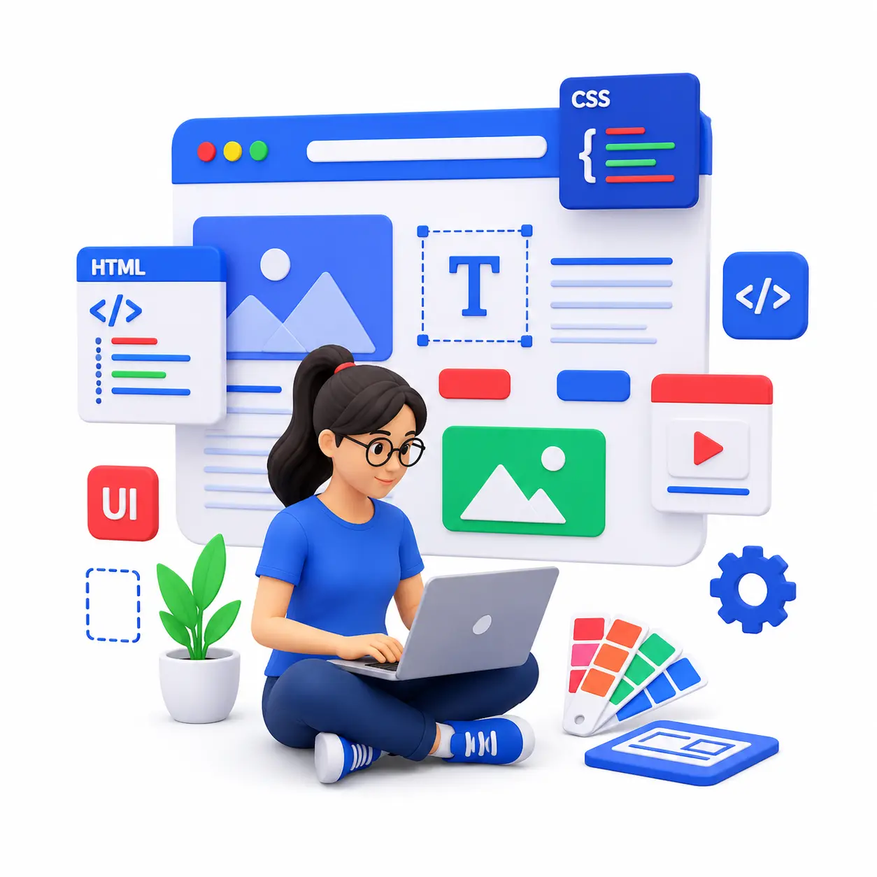 3D web designing illustration with blue, red, and green colors on a white background by a freelance digital marketer in Alappuzha.