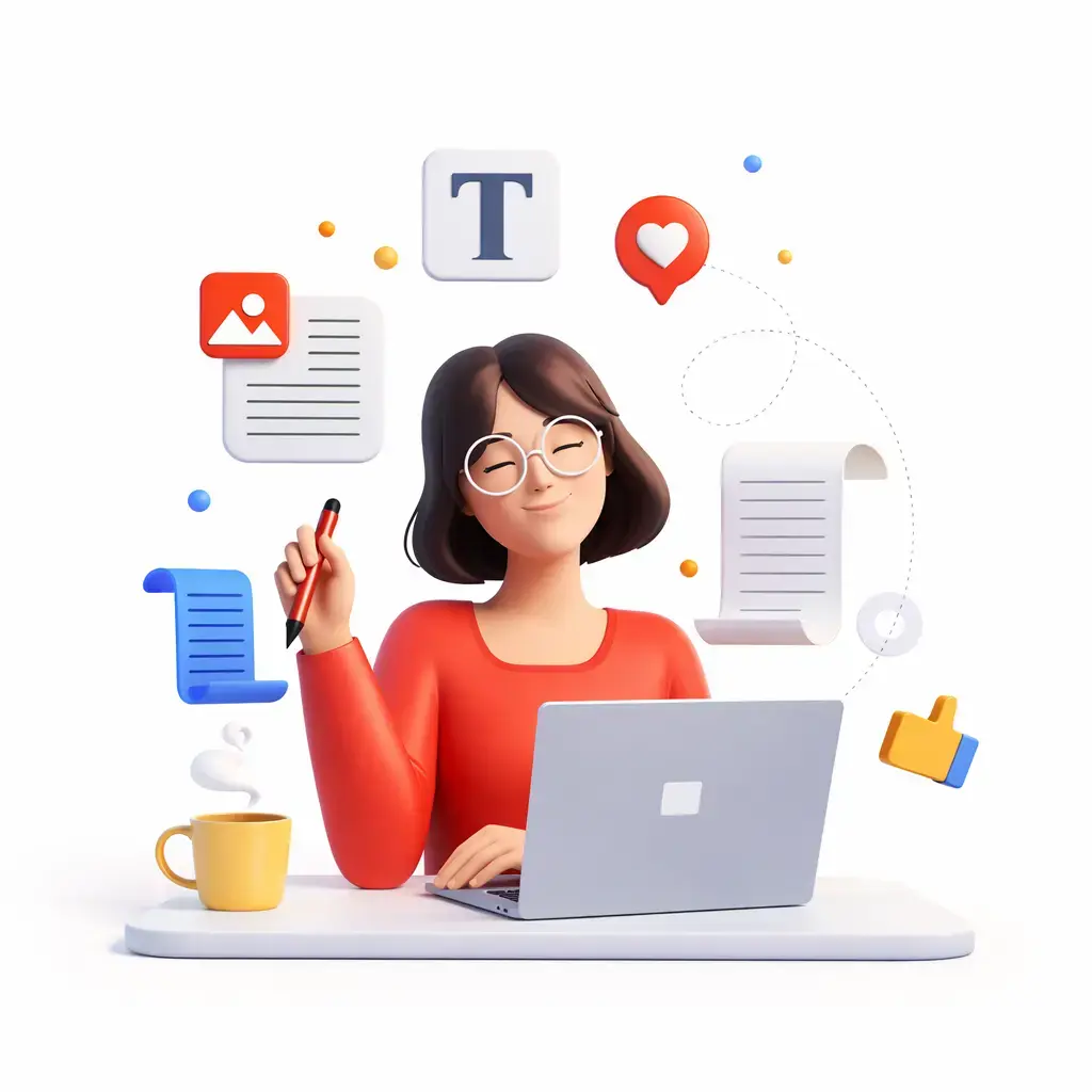 3D illustration of a freelance digital marketer in Alappuzha creating content and managing digital marketing tasks on a laptop with social media and content icons around her.