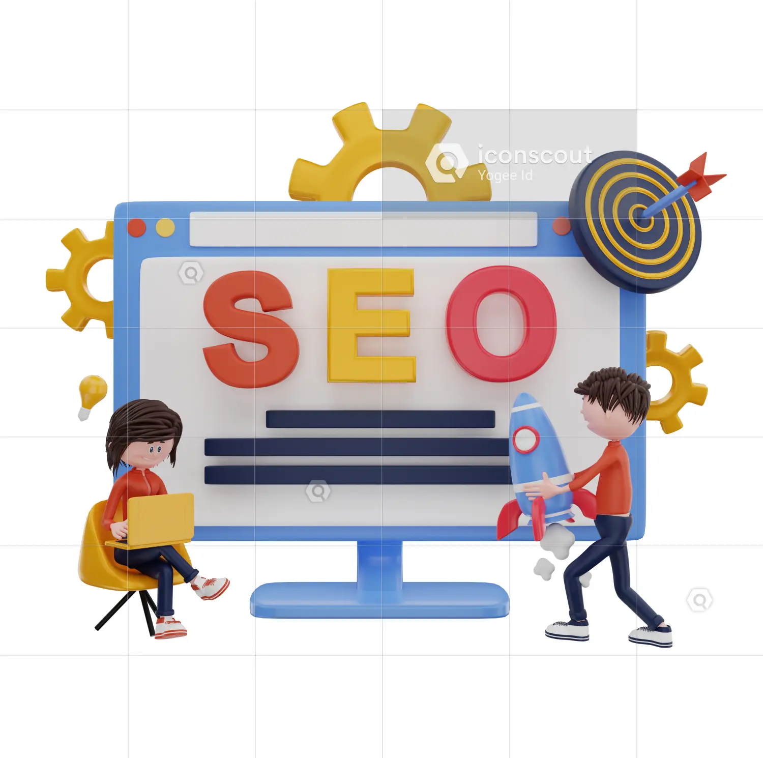 3D SEO optimization illustration with target, rocket, and analytics screen representing services by a freelance digital marketer in Alappuzha.