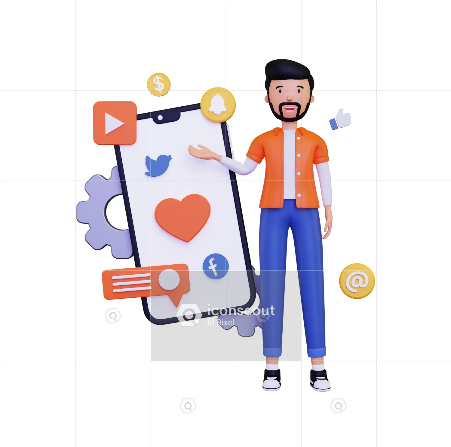 3D illustration of mobile social media marketing with engagement icons and smartphone, representing a freelance digital marketer in Alappuzha.